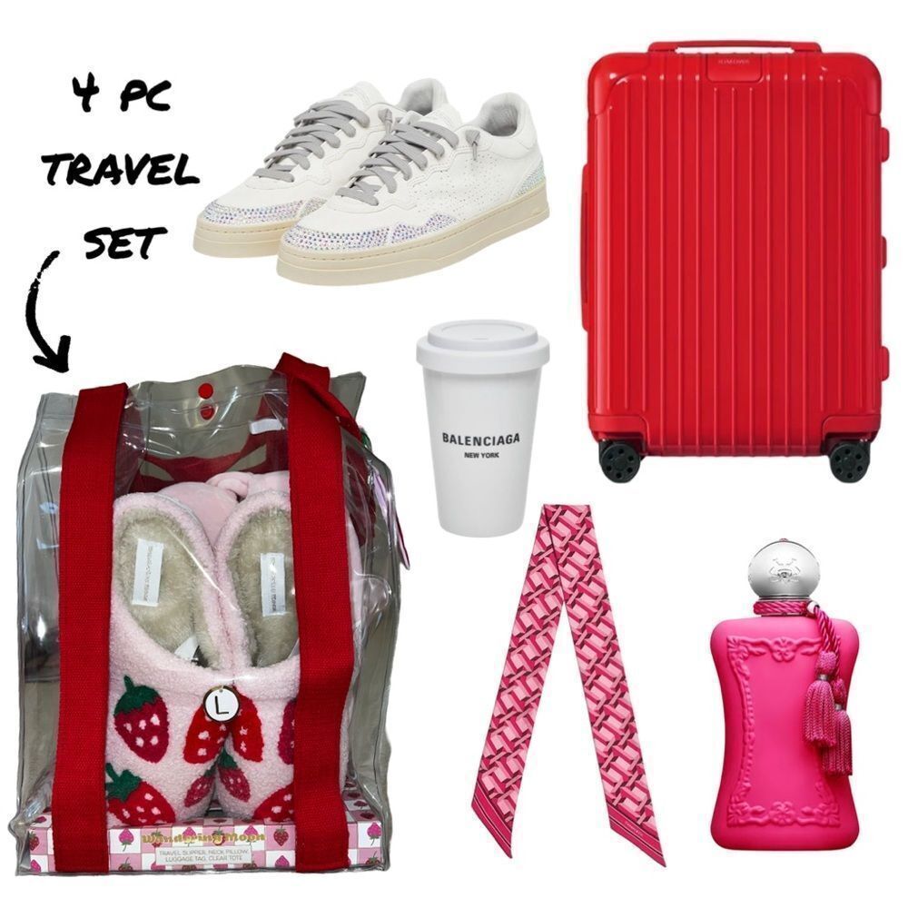 SOLD- Pink & Red 4 Piece Travel Set- Slippers, Neck Pillow, Luggage Tag & Bag